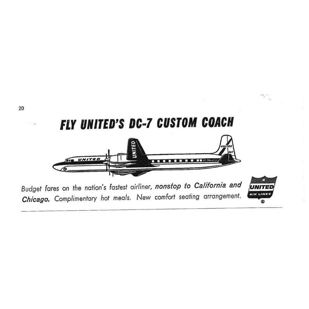 Fly United DC 7 Custom Coach Airlines Advertisement 1950s Vintage Print Ad